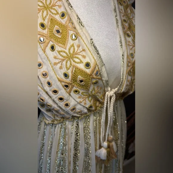 STUNNING Embroidered Maxi Dress in Metallic Gold & Cream w/ Mirror Accents - Picture 5 of 7